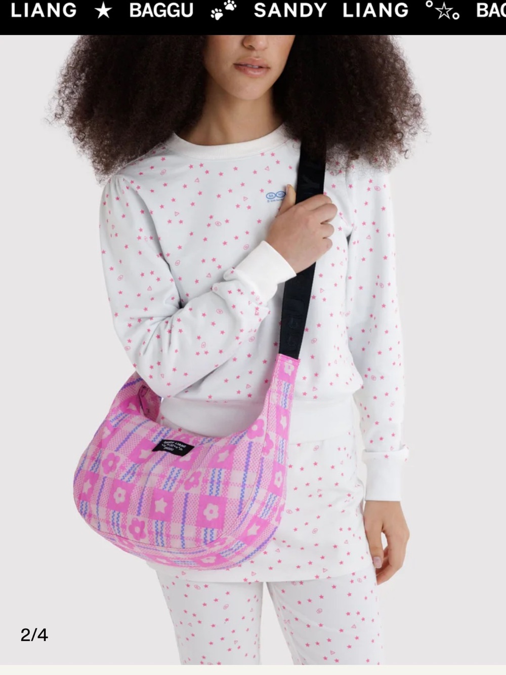 Sandy Liang Pink and Lavender Plaid Crescent Shoulder Bag with Black Strap